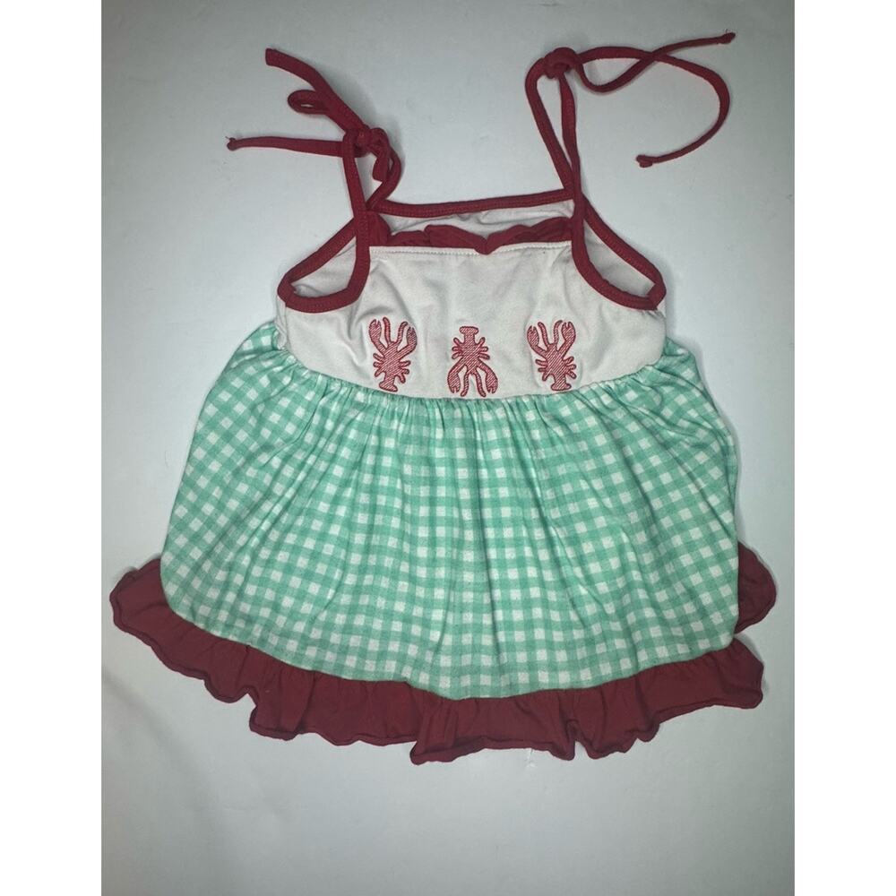 Honey Bean Girls Lobster Smocked Dress Mint Gingham Red Ruffle Size 3